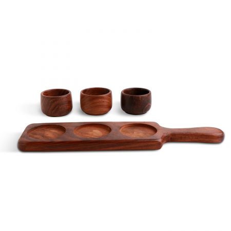 Urban Snackers Wooden Sauce Server with 3 Dips for Serving Vinegar, Salad, Soy Sauce, Chili Oil, Snack|Gifting Accessories|in Hotels, Kitchen, Home, Restaurant
