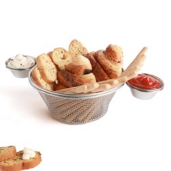 Urban Snackers Stainless Steel Mini Chip Basket | Food Presentation Seving Basket + 2 pc Stainless Steel Sauce Cup | Buffet Frustum Snack Display Frame