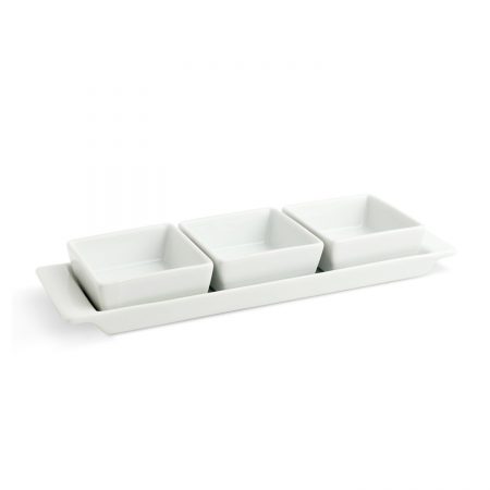 Urban Snackers Set of 3 Bowls & Tray, Square Shaped White Porcelain, for Serving Breakfast, Dining and Snacks