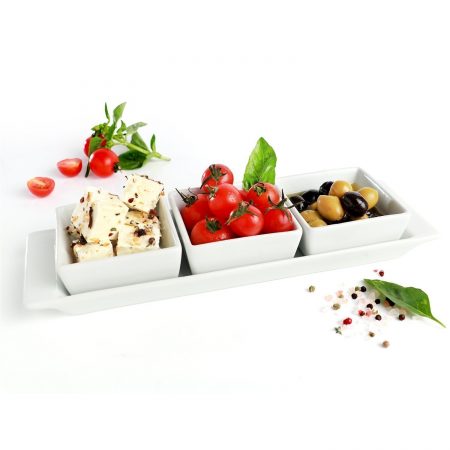 Urban Snackers Set of 3 Bowls & Tray, Square Shaped White Porcelain, for Serving Breakfast, Dining and Snacks