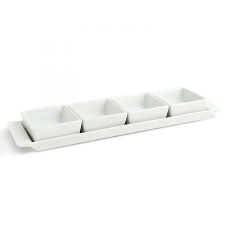 Urban Snackers Set of 4 Bowls & Tray, Rectangle Shaped White Porcelain, for Serving Breakfast, Dining and Snacks