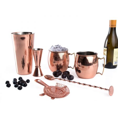 Urban Snackers Combo of 5 Pcs ( Bar Strainer 4 prong Delux - Copper Plating, Bar Spoon Masher Full Twist Copper Coated, Boston Shaker With Copper Plated, Moscow Mule with Brass Handle-Copper Coated-Bulging 2 pcs, Jigger - Japanese 25/50 ml - Copper Plating )
