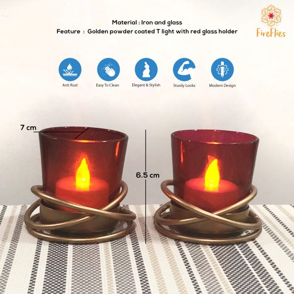 Fireflies Golden Powder Coated Iron T light Holder with Clear Red Glass Set of 2