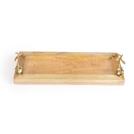 FireFlies Handcrafted Mango Wood Rectangle (14x6 inch) Serving Tray with Brass Handle For Dining Tableware, Welcoming Guests, Table Décor, Kitchen Serveware, Breakfast Coffee Table Tray, Butler Serving Trays, Decorative Tray with Antique Touch
