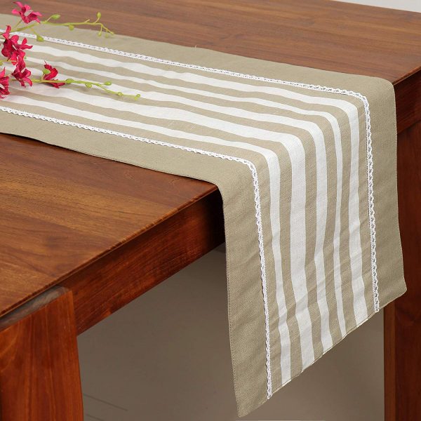 FireFlies White & Green Strips Pattern Table Runner with 50% Cotton + 50% Linen for Office Kitchen Dining Wedding Party Home Decor 33 X 150 cm