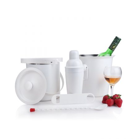 Urban Snackers White Powder Coating Bar Set Combo Of 6 Pcs (Stainless Steel) (Monalisa Cocktail Shaker 20 Oz, Ice Bucket Double Wall With Cover, Bottle Opener, Wine Cooler 20 Cm, Ice Tong, Bar Spoon Full Twist)